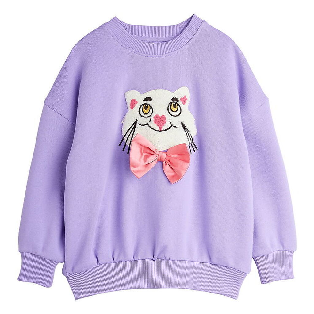 Mini Rodini Sweatshirt - Cat With Bowtie Chenille - Lilla