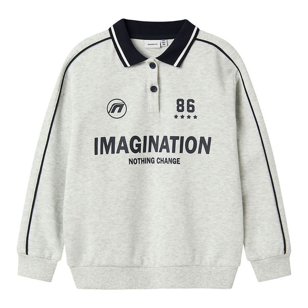 Name It Polobluse - NkmKris - Lysegråmeleret m. Print