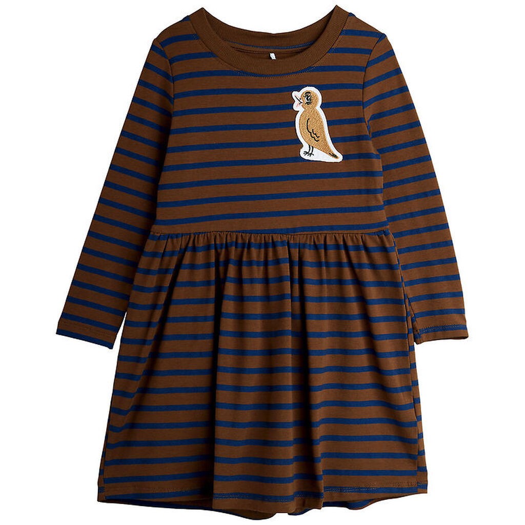 Mini Rodini Kjole - Stripe Bird Patch - Brun/Blå
