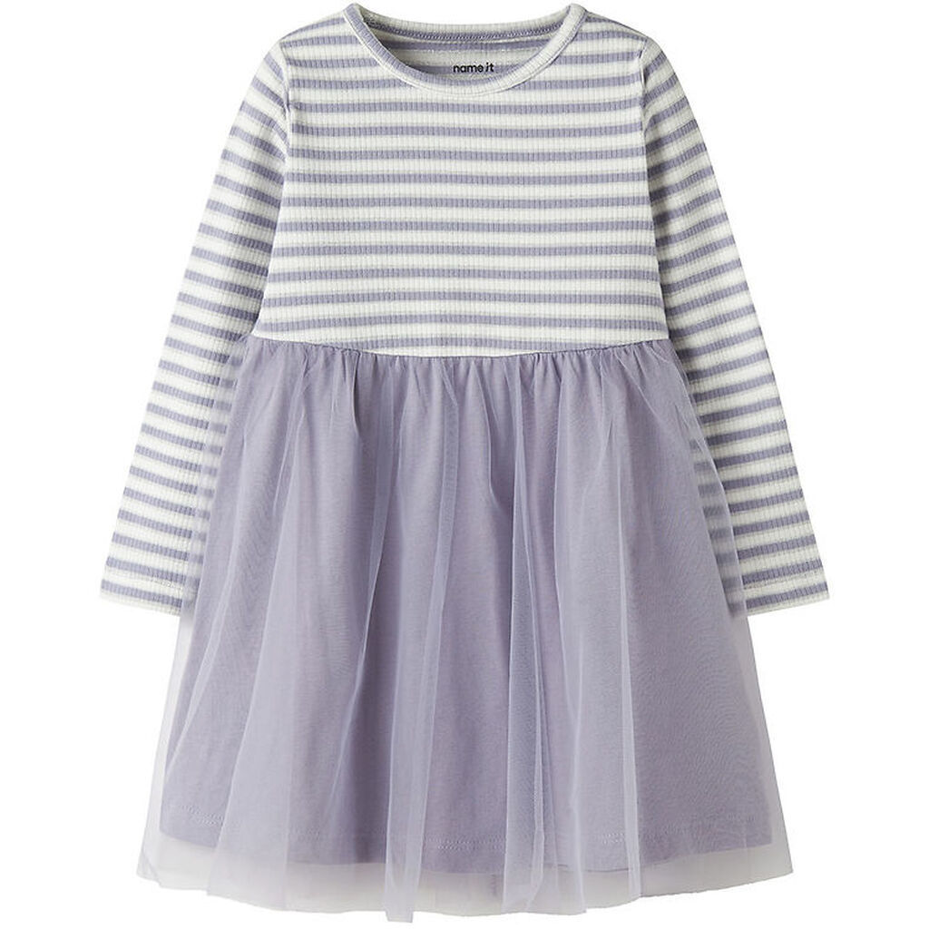 Name It Kjole - Rib/Tyl - NmfTaias - Lavender Gray/Cloud Dancer
