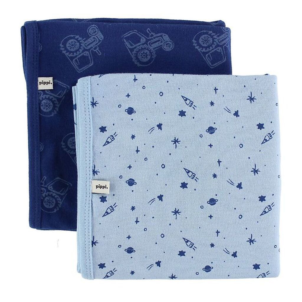 Pippi Tæpper - 70x70 - 2-pak - Navy/Lyseblå m. Traktor/Rummet