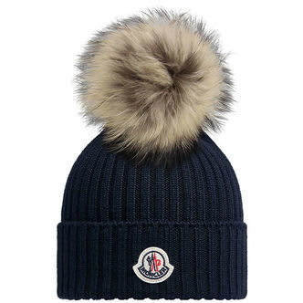 Moncler Hue - Uld - Navy m. Imiteret Pelskvast