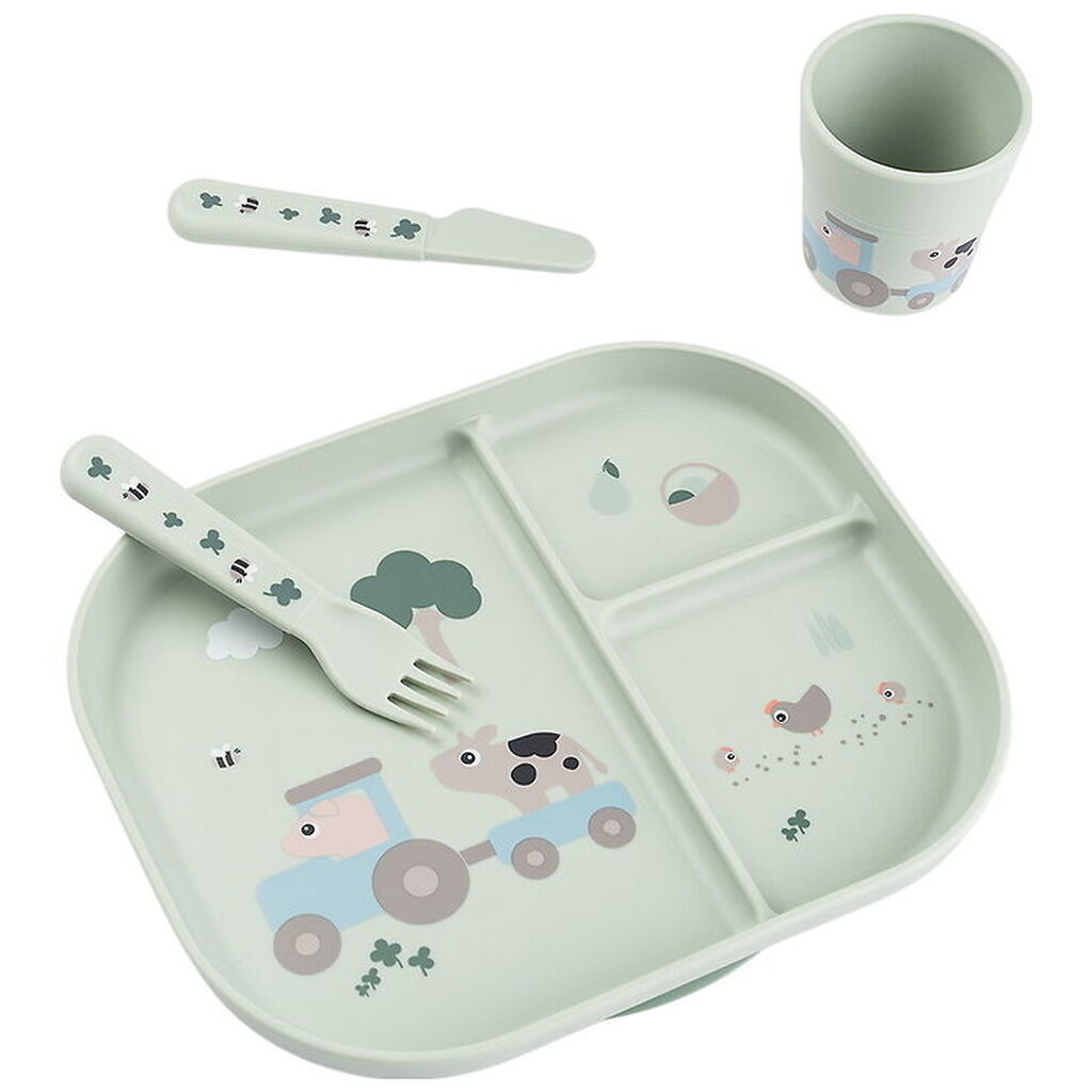 Done by Deer Spisesæt m. Sugekop - 4 Dele - Tiny Farm Grøn