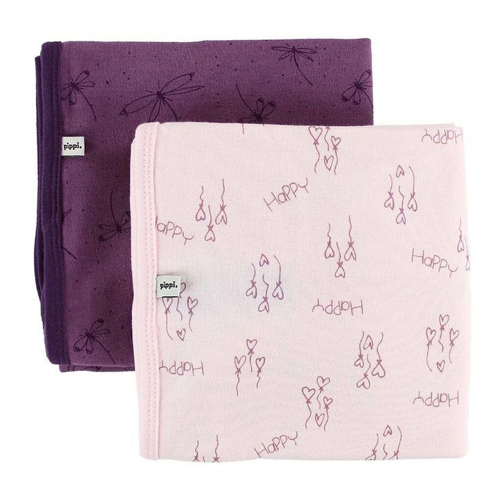 Pippi Tæppe - 70x70 - 2-pak - Lilla/Rosa m. Hjerter/Sommerfugl