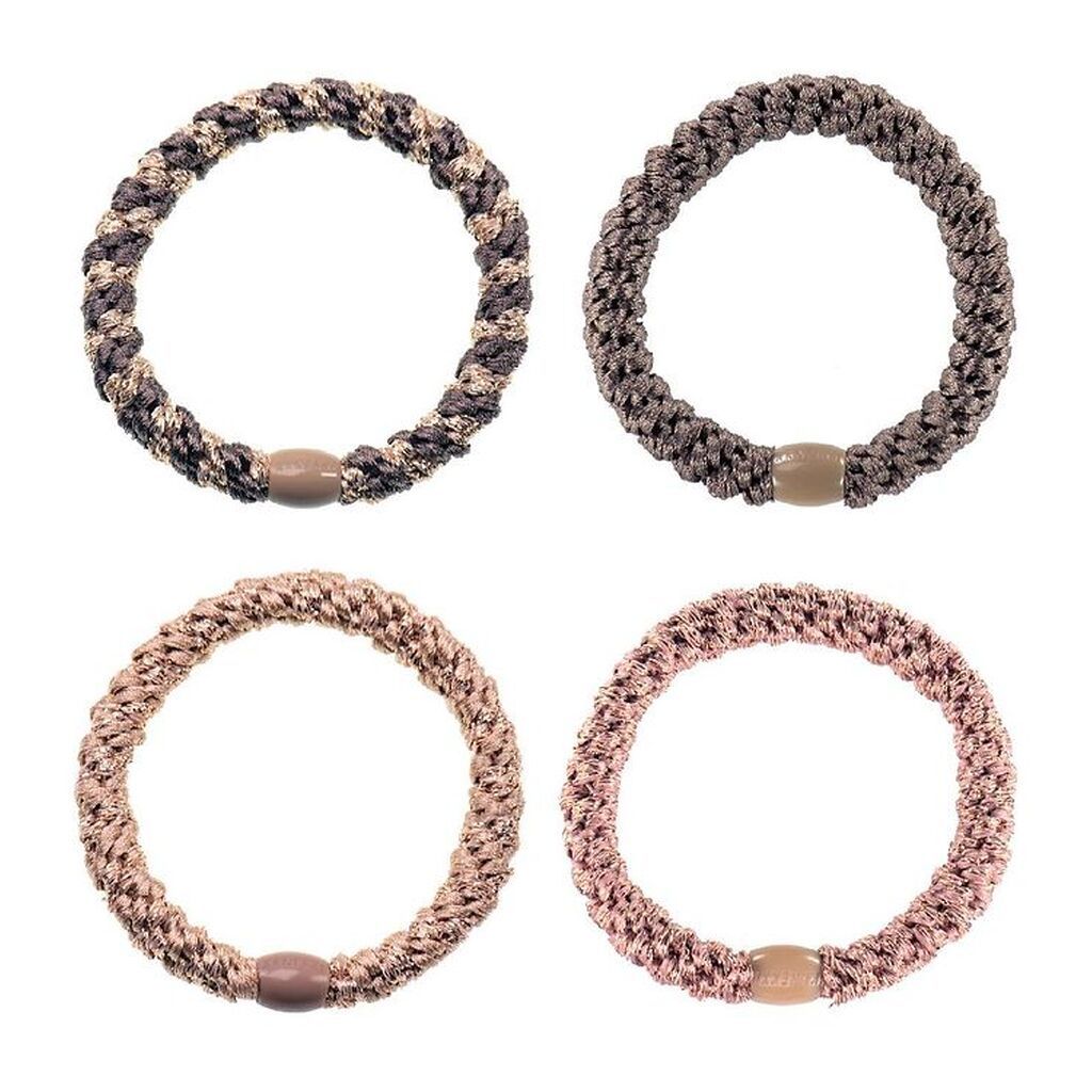 Kknekki Hårelastikker - 4-pak - Brun/Rosa Glimmer/Beige Glimmer