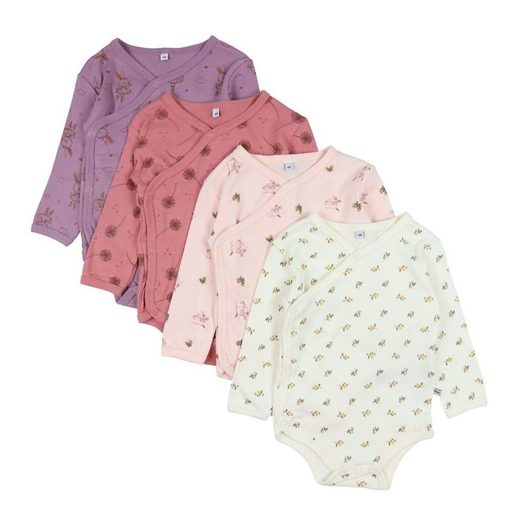 Pippi Baby Slå-om Bodyer l/æ - 4-pak - Dusty Rose