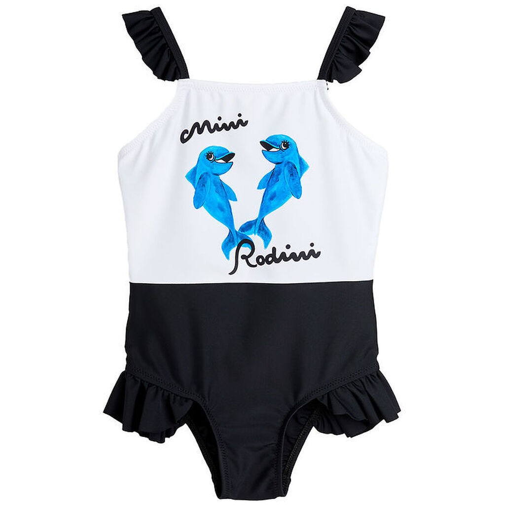 Mini Rodini Badedragt - UV 50+ - Dolphins Frill - Hvid/Sort