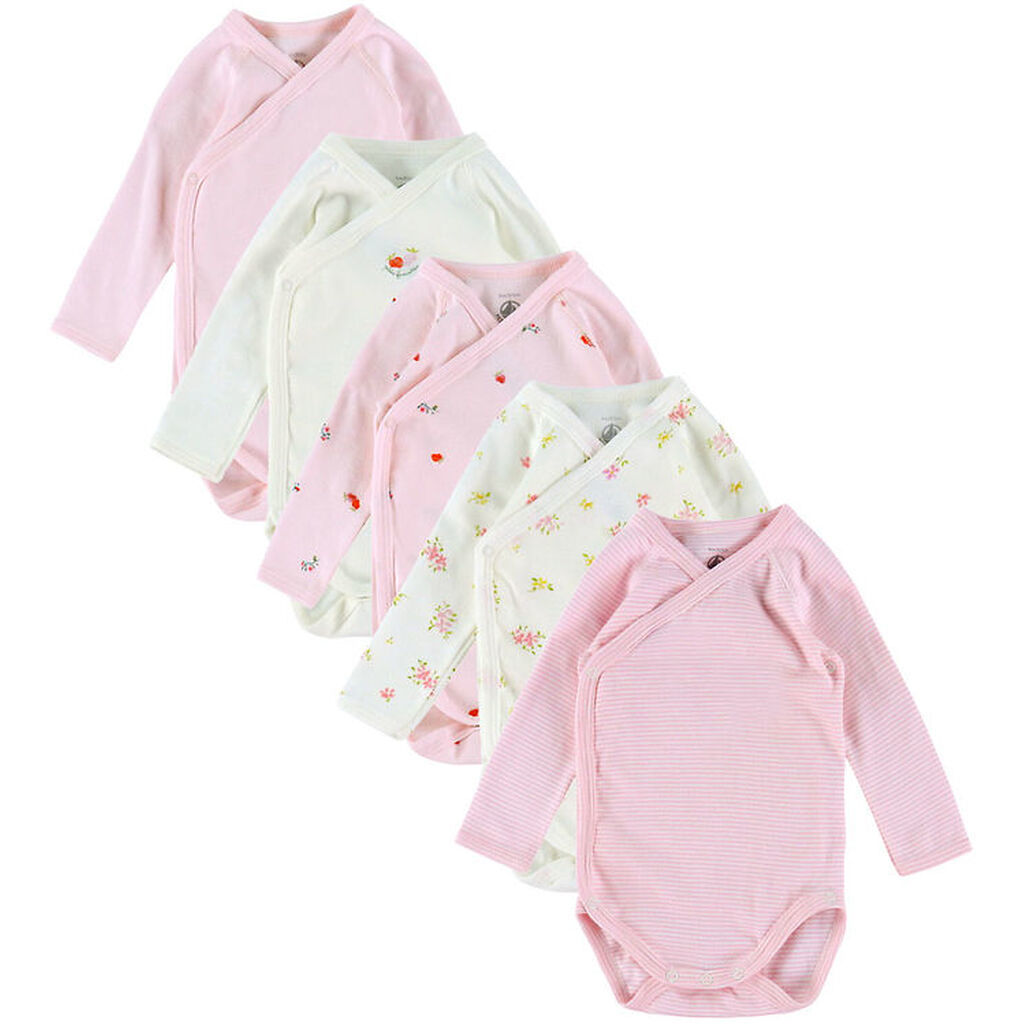 Petit Bateau Slå-om Bodyer l/æ - 5-pak - Hvid/Rosa