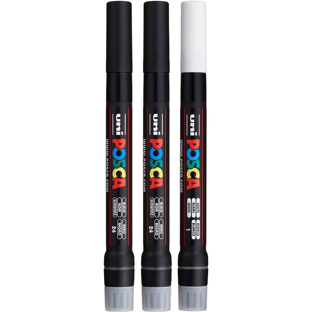 Posca Tuscher m. Pensel-spids - PCF-350 - 3 stk. - Hvid/Sort