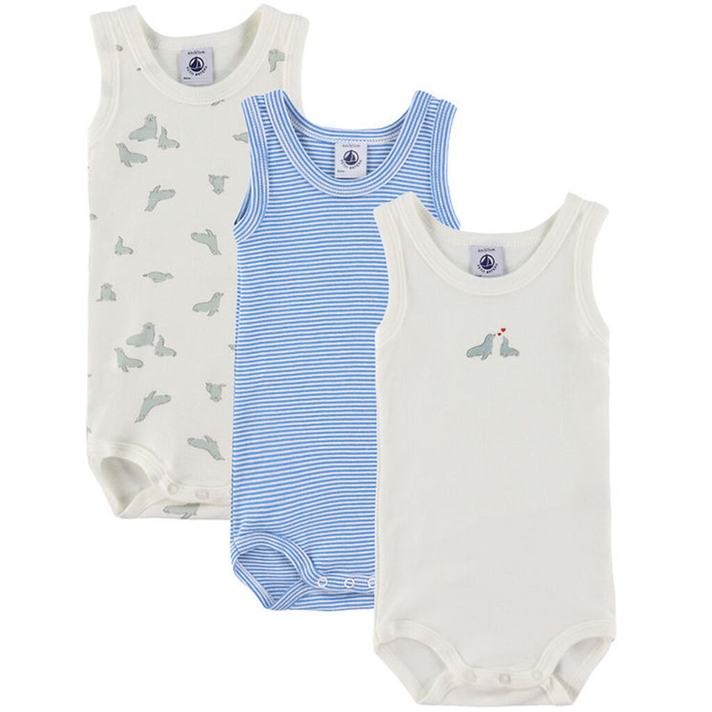 Petit Bateau Bodyer u/æ - 3-pak - Hvid/Blå
