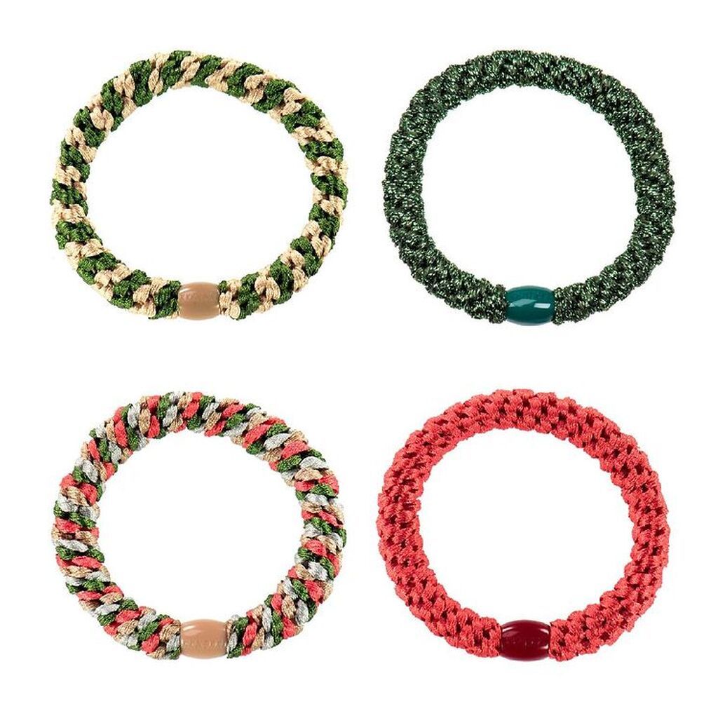 Kknekki Hårelastikker - 4-pak - Grøn/Glimmer/Rød