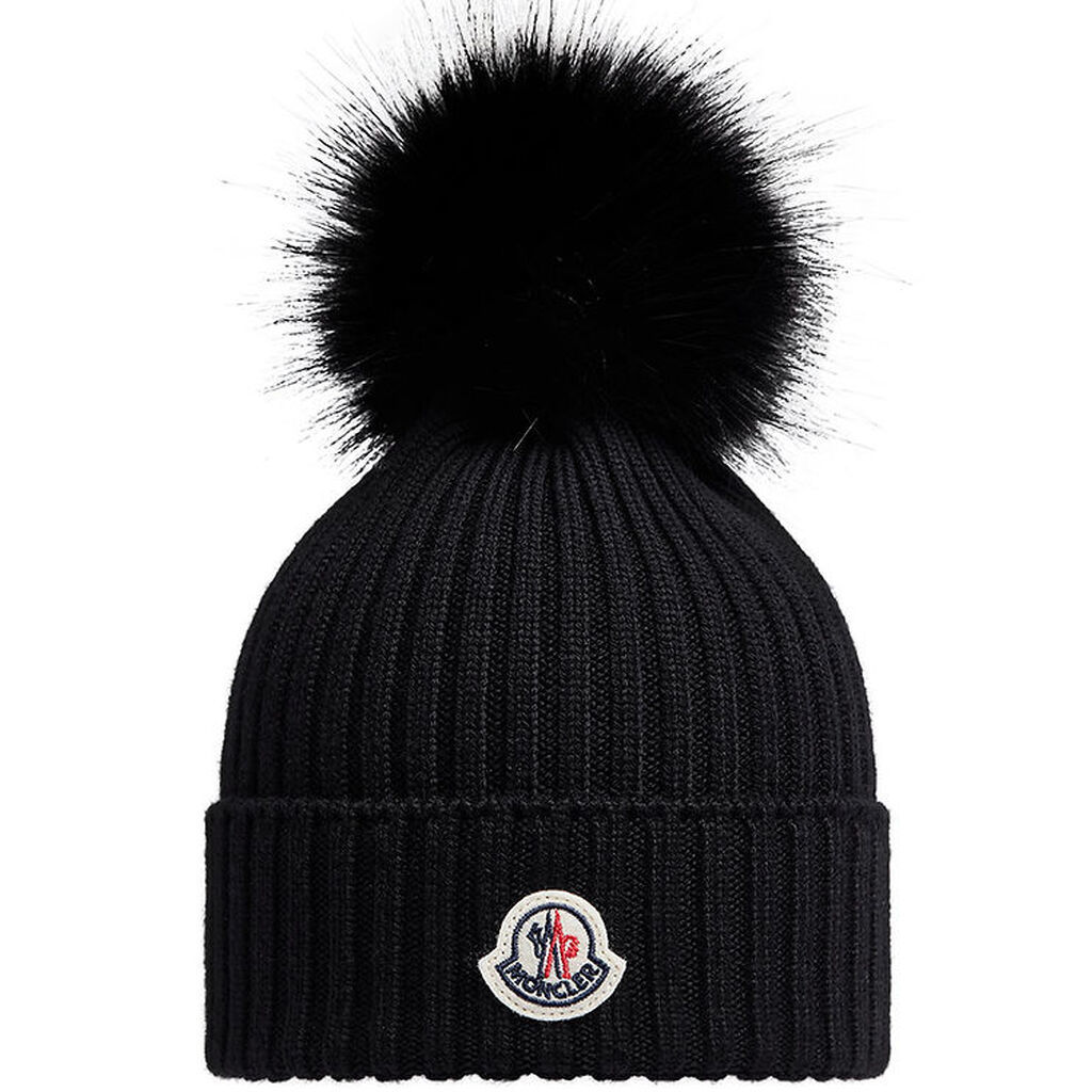 Moncler Hue - Uld - Sort m. Imiteret Pelskvast