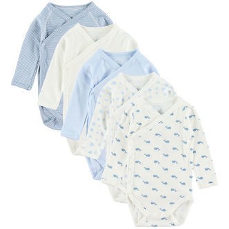 Petit Bateau Slå-om Body l/æ - 5-pak - Hvid/Blå m. Hval