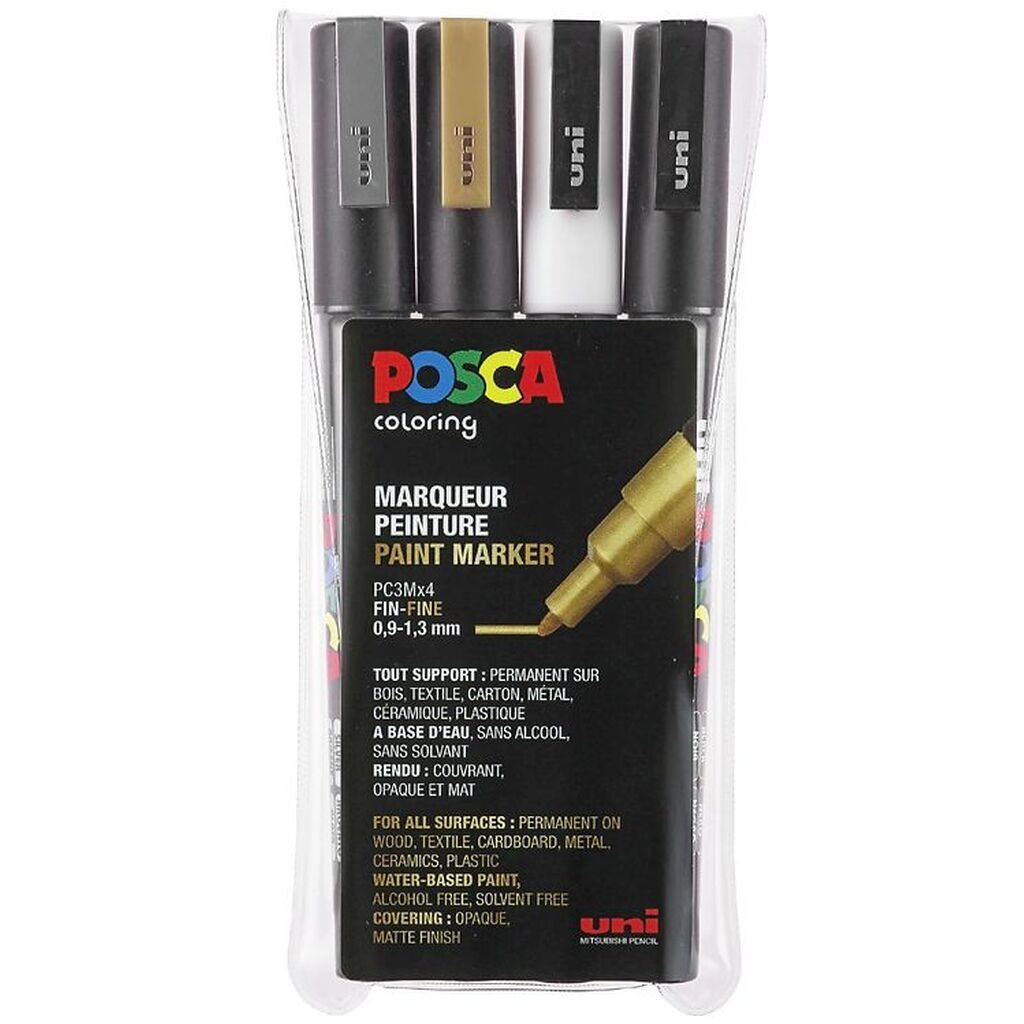 Posca Corner Markers - PC-3M - 4 stk - Guld/Sølv/Hvid/Sort