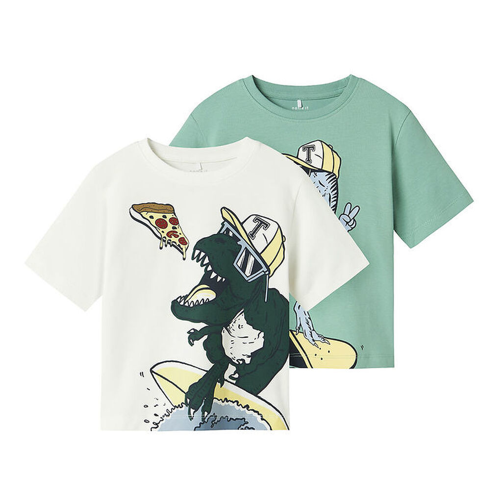 Name It T-shirt - 2-pak - NmmDino - Cloud Dancer/Creme de menthe