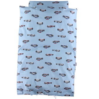 Nørgaard Madsens Sengetøj - Baby - Lyseblå m. Racerbiler