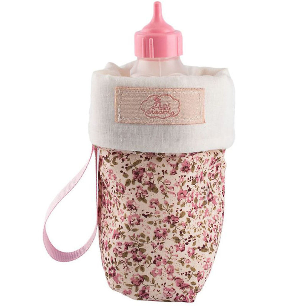 Asi Dukketilbehør - Sutteflaske m. Opbevaringspose - Rosa/Blomst