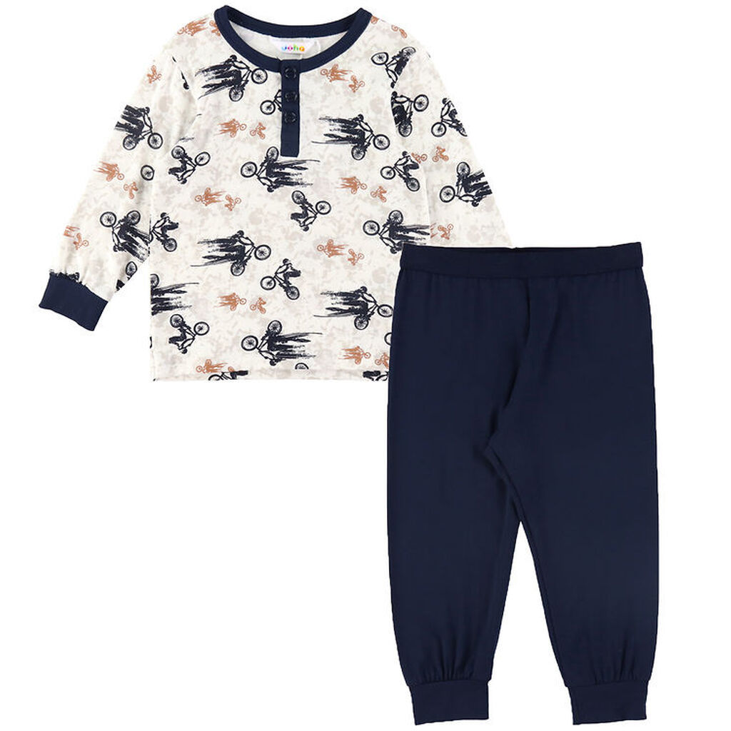 Joha Nattøj - Bambus - Off White/Marineblå m. Cykel