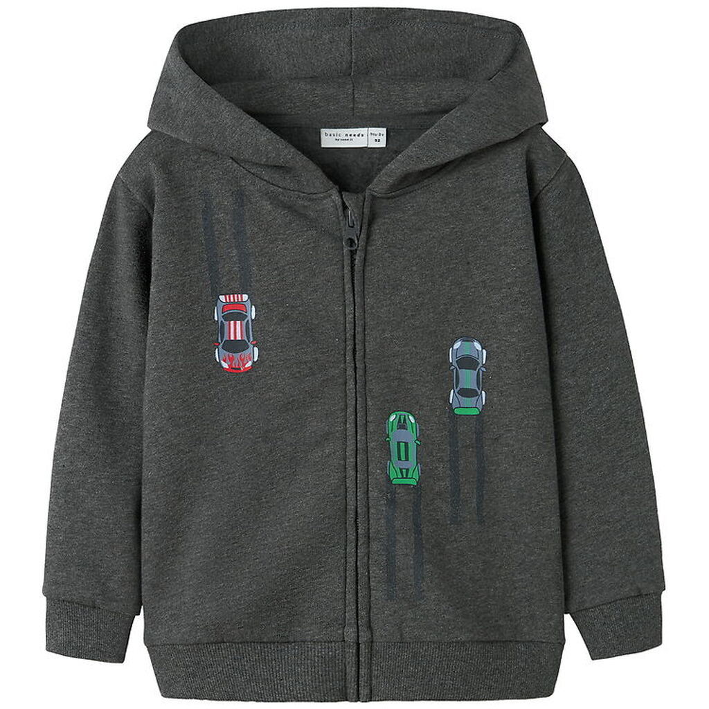 Name It Cardigan m. Hætte - NmmVoltinus - Dark Grey Melange/Cars