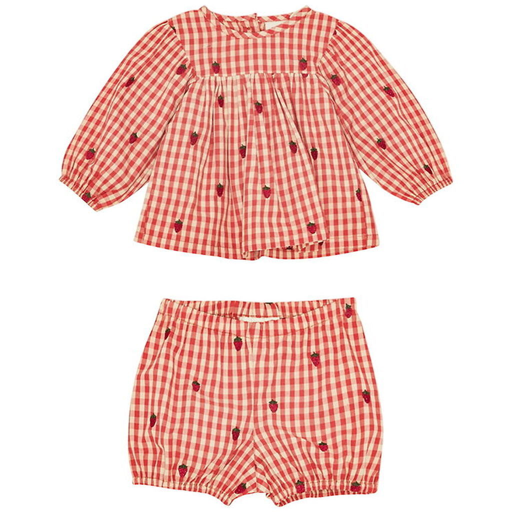 Flöss Sæt - Kjole/Bloomers - Berry Gingham m. Tern