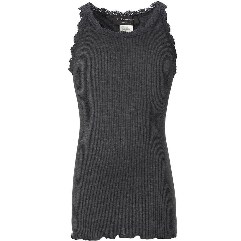 Rosemunde Top - Lang - Rib - Mørkegråmeleret m. Blonder