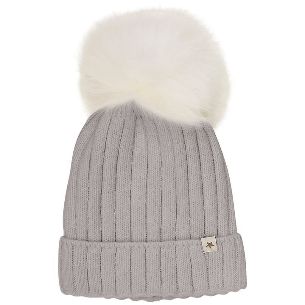 Huttelihut Hue - Uld/Bomuld - Strik - Medium Gråmeleret m. Kvast