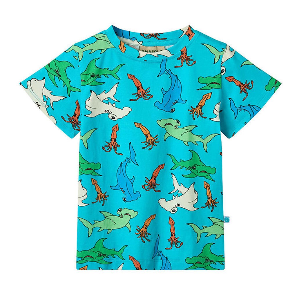 Småfolk T-shirt - Blue Atoll m. Hammerhajer