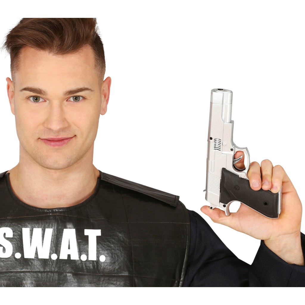 Pistol plast 20 cm sølv/sort