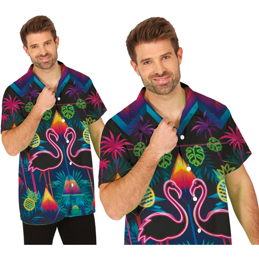 Hawaii skjorte neon flamingo, L