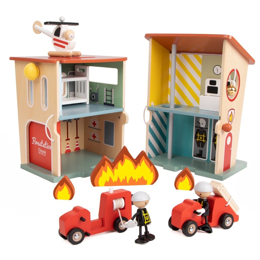 Classic World Trælegetøjs Brandstation med tilbehør