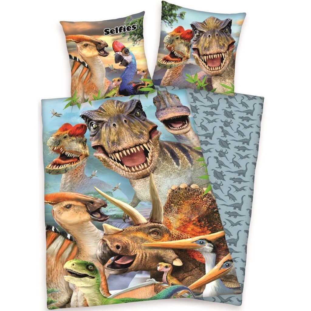 Dinosaurs Selfies 2-1 Sengetøj - 100 Procent Bomuld