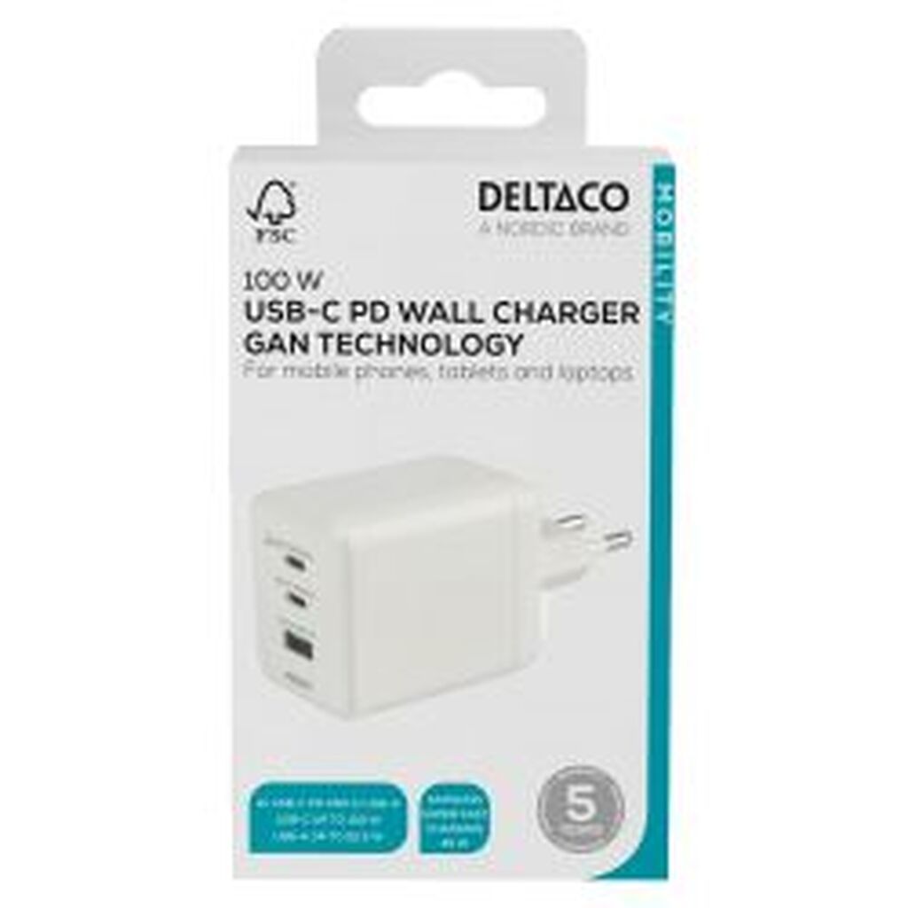 Deltaco Usb Gan Wall Charger 100 W, 1x Usb-a, 2x Usb-c, Pps, White