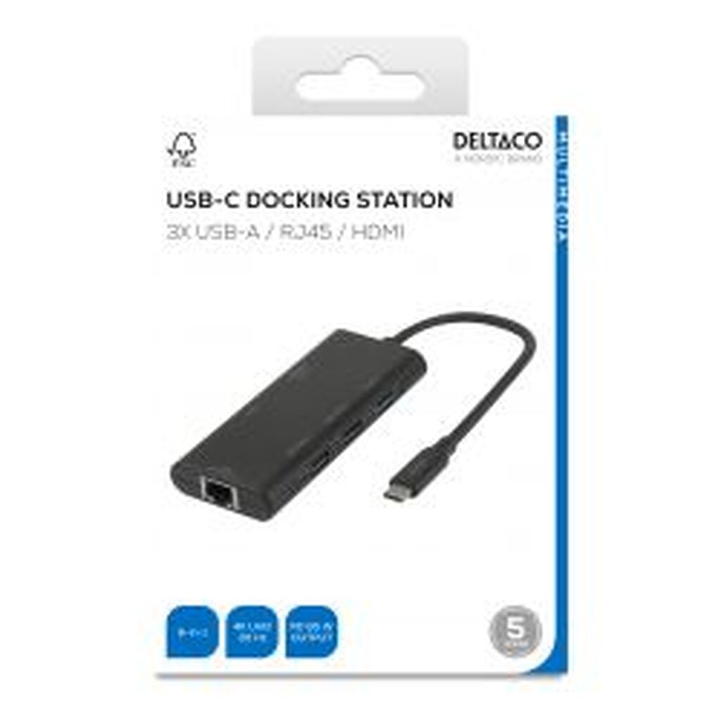 Deltaco Usb-c Docking Station, Single, 1x Hdmi, 3x Usb-a, Rj45