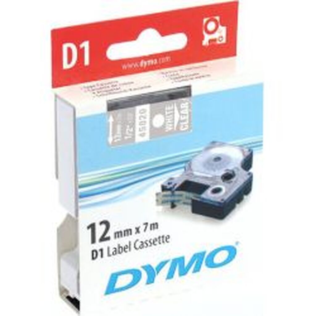 Dymo D1, Marking Tape, 12mm, White Text On Transparent Tape, 7m