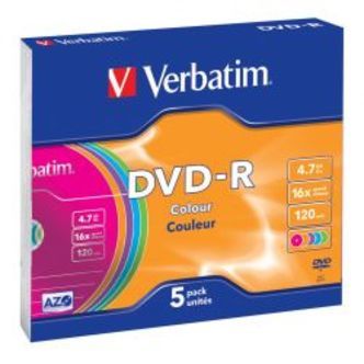 Verbatim Dvd-r, 16x, 4.7 Gb/120 Min, 5-pack Slim Case, Azo, Colored