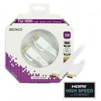 Deltaco Flat Hdmi Cable, Hdmi High Speed W/ Ethernet, 4k, 2m, White