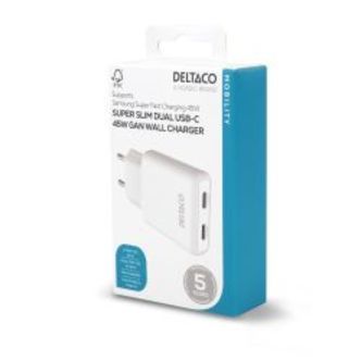 Deltaco Usb-c Wall Charger 45 W, 2x Usb-c Pd, Slim, Tot 45 W, White