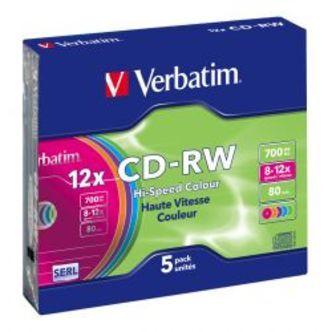 Verbatim Cd-rw, 12x, 700 Mb / 80 Min, 5-pack Slim Case, Serl, Colored