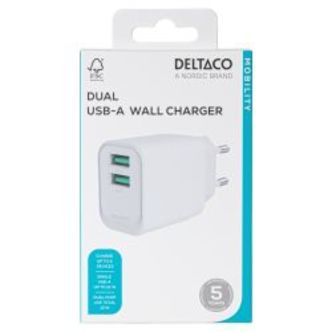Deltaco Usb Wall Charger, 2x Usb-a, 12 W Ports, Max Total 12w, White
