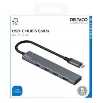 Deltaco Usb-c Hub, 5 Gbps, 4x Usb-a Female, Aluminum, Grey