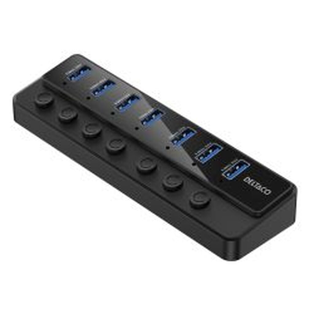 Deltaco Usb-a Hub, 7x Usb-a Ports, Power Switches, Power Supply, Blk