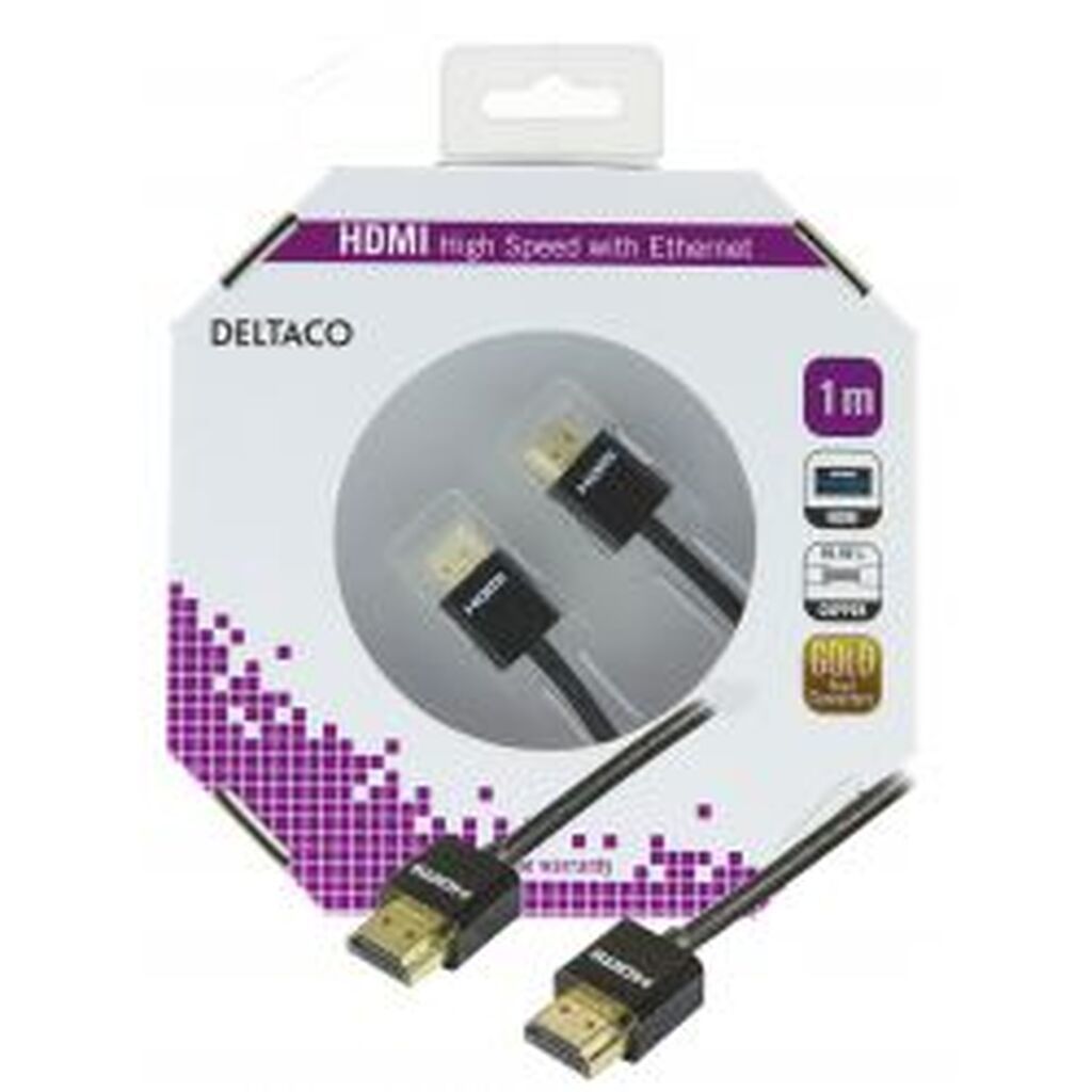 Deltaco Thin Hdmi Cable, Hdmi High Speed With Ethernet, 1m, Black