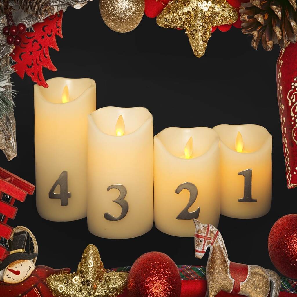 Adventslys LED m/timer og fjernbetjening - 4 stk. - 9/10/12,5/15 cm - m/3D flamme