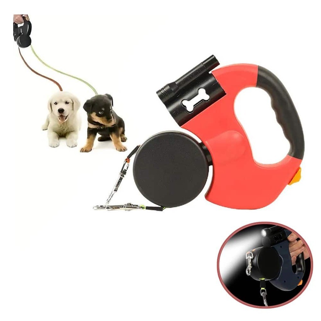 Dobbelt Hundesnor med Indbygget LED-Lys og Hundeposeholder - Rød