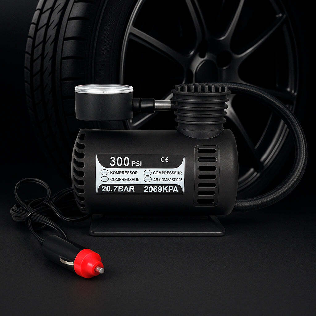 Kraftfuld 300 PSI (20,7 bar)12 volt kompressor  -  perfekt til bil, cykel, bold mv.
