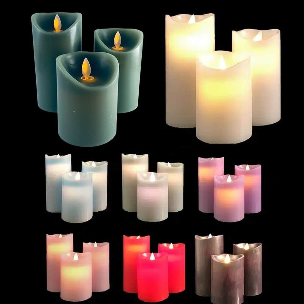 LED blok stearinlys - 3 stk. - 12/15/17 cm - m/3D flamme - (Flere farver) - Cream hvid
