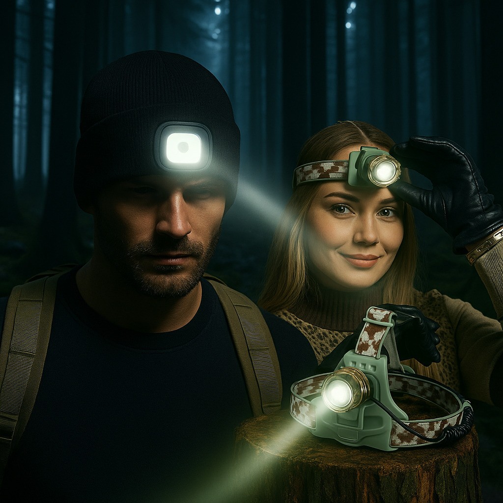 Vinterlys-pakken  -  Strikhue m. LED + Camouflage Pandelampe