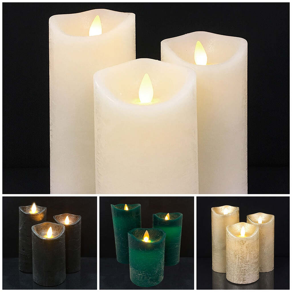 LED blok stearinlys - RUSTIK - 3 stk. - 10/12,5/15 cm - m/3D flamme - (flere farver) - Guld