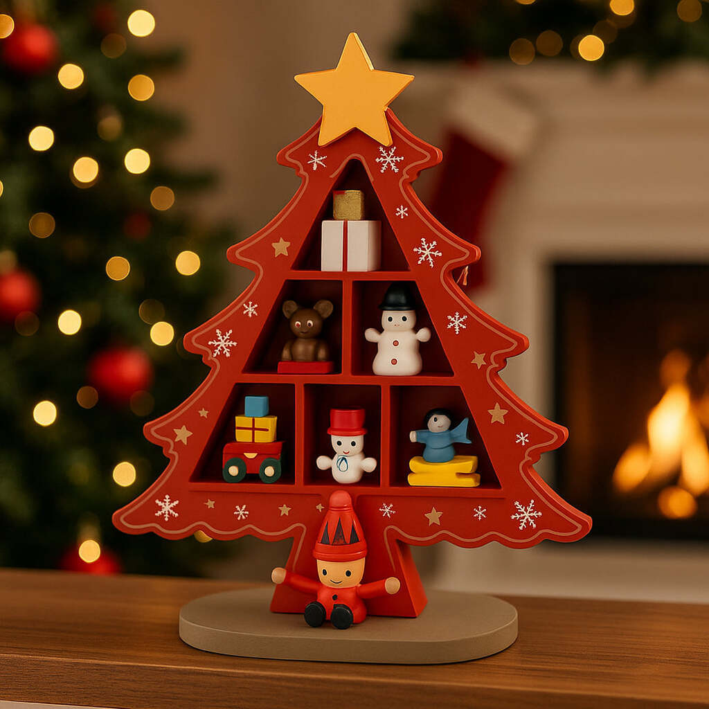 Juletræer i træ  -  hver med 7 håndmalede figurer, rød eller grøn (Højde 18,5 cm.) - Grøn