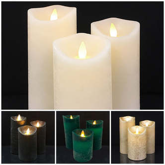 LED blok stearinlys - RUSTIK - 3 stk. - 10/12,5/15 cm - m/3D flamme - (flere farver) - Lys pink